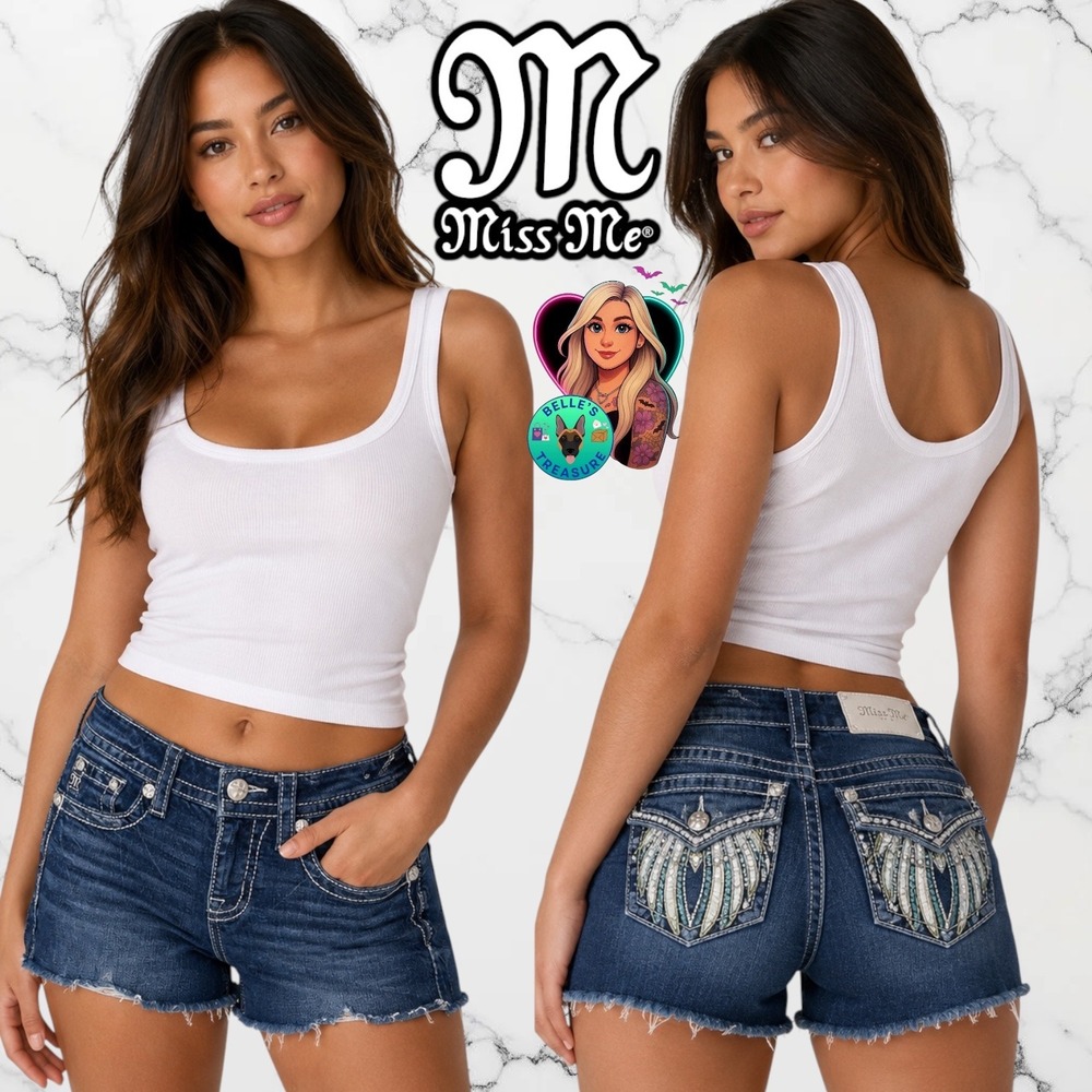 Miss Me Womens 25 Angel Wings Rhinestone Sequin Cut Off Denim Shorts Dark Wash